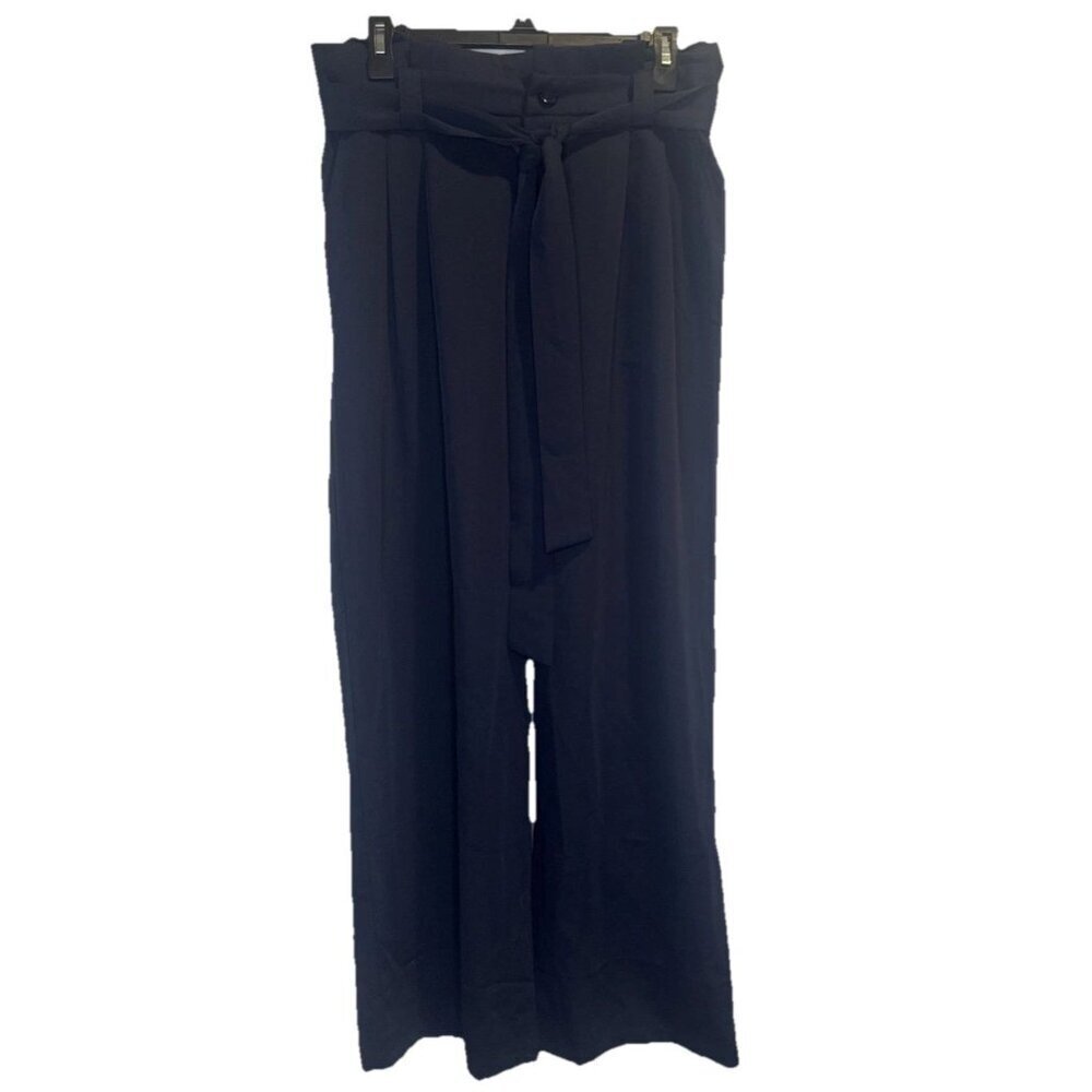 LILLUSORY Womens Navy Blue Wide Leg‎ High Waisted Belted Work Dress Pants L NEW